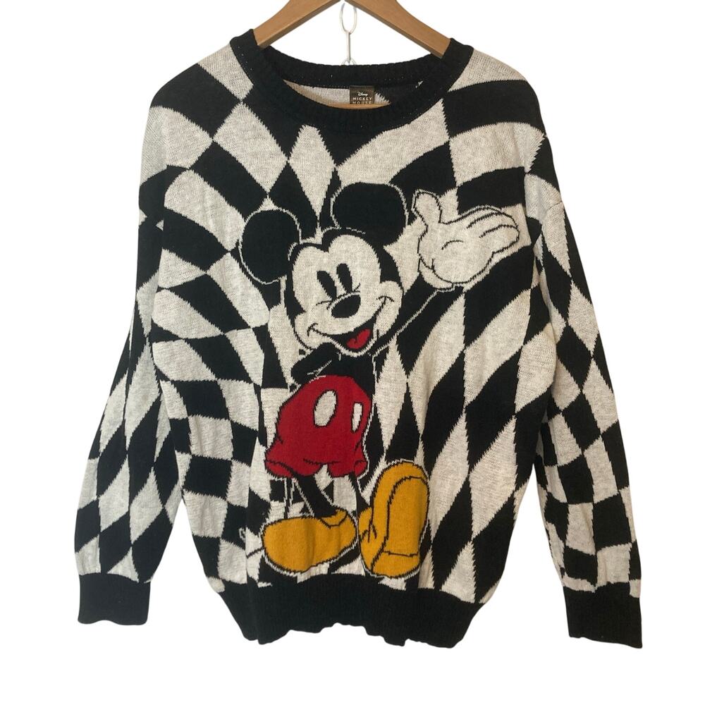Disney Mickey Mouse Black White Checkerboard Plaid Cotton Knit Sweater Large